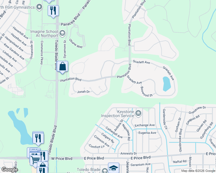 map of restaurants, bars, coffee shops, grocery stores, and more near 1295 Jonah Drive in North Port