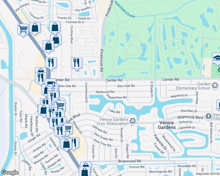 map of restaurants, bars, coffee shops, grocery stores, and more near 344 Glen Oak Rd in Venice