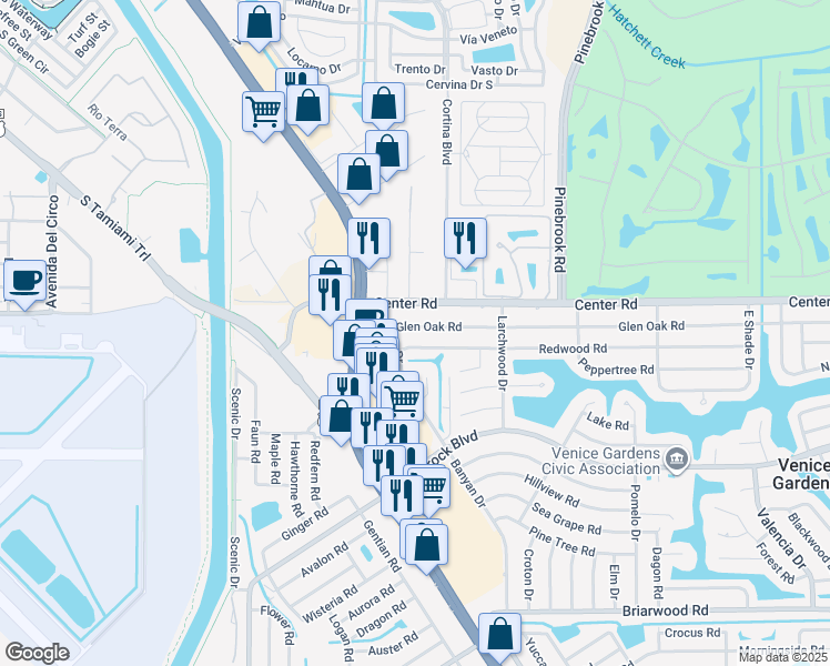 map of restaurants, bars, coffee shops, grocery stores, and more near 232 Glen Oak Road in Venice