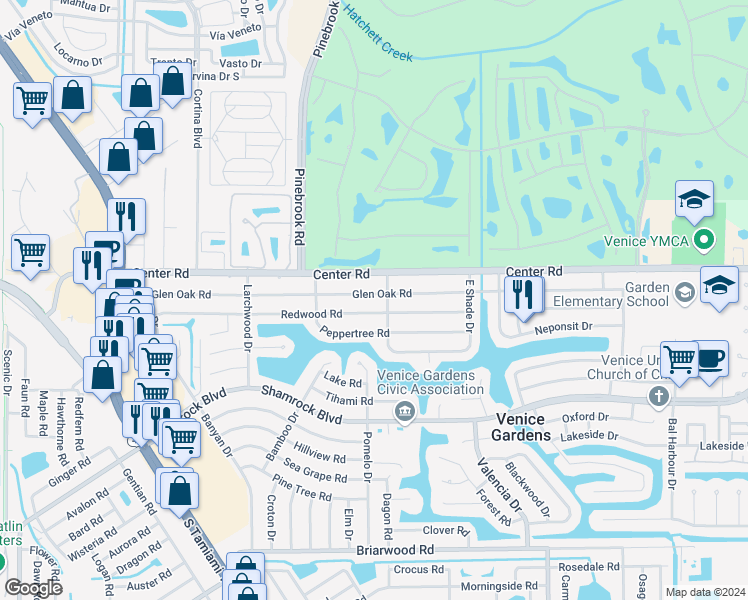 map of restaurants, bars, coffee shops, grocery stores, and more near 376 Glen Oak Road in Venice