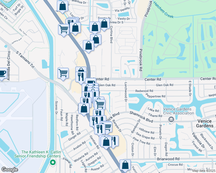 map of restaurants, bars, coffee shops, grocery stores, and more near 232 Glen Oak Road in Venice