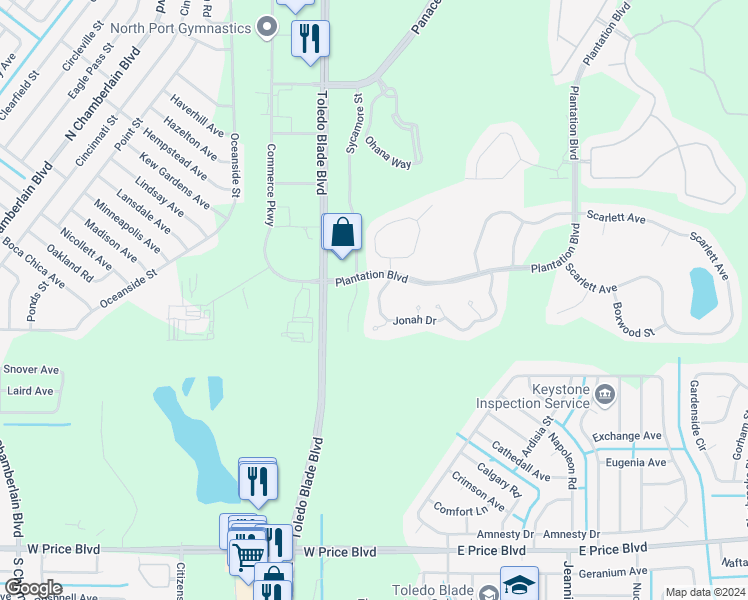 map of restaurants, bars, coffee shops, grocery stores, and more near 1085 Jonah Drive in North Port