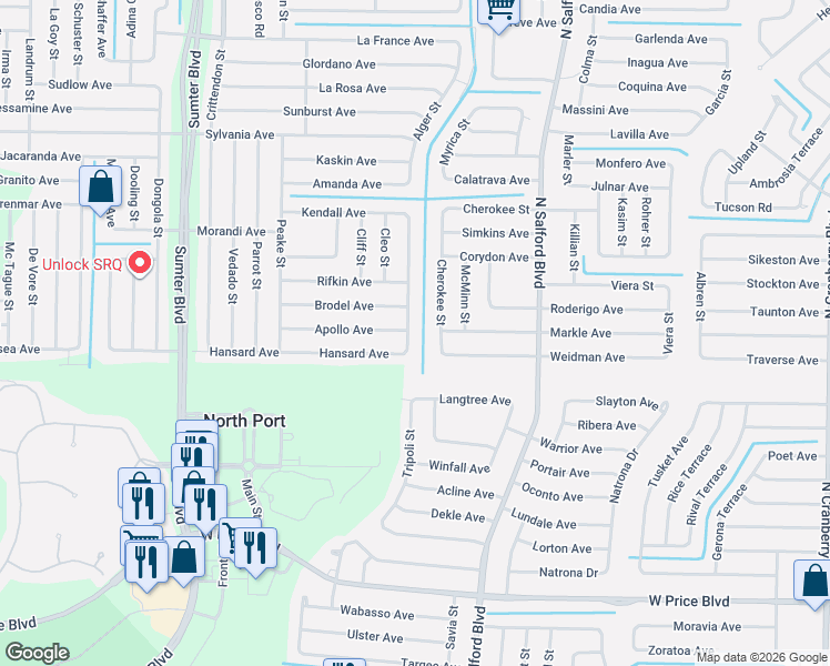 map of restaurants, bars, coffee shops, grocery stores, and more near 2188 Belvidere Street in North Port