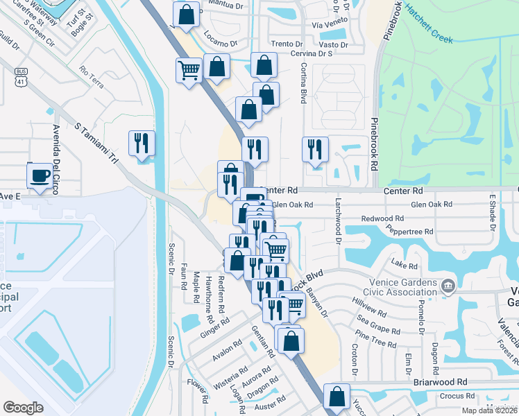 map of restaurants, bars, coffee shops, grocery stores, and more near 1517 Banyan Drive in Venice