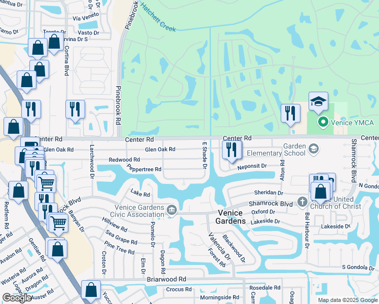 map of restaurants, bars, coffee shops, grocery stores, and more near 432 Glen Oak Road in Venice