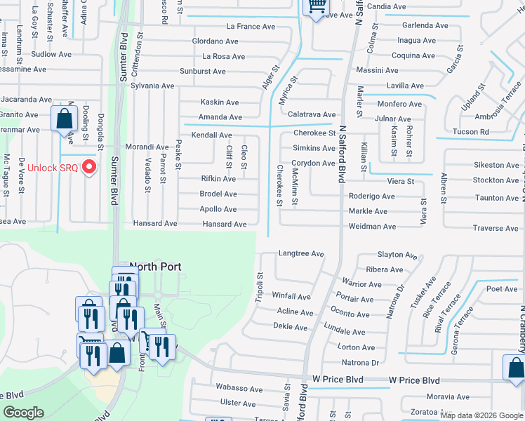 map of restaurants, bars, coffee shops, grocery stores, and more near 2188 Belvidere Street in North Port