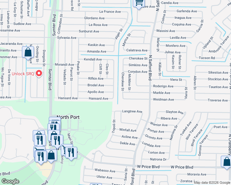 map of restaurants, bars, coffee shops, grocery stores, and more near 2188 Belvidere Street in North Port