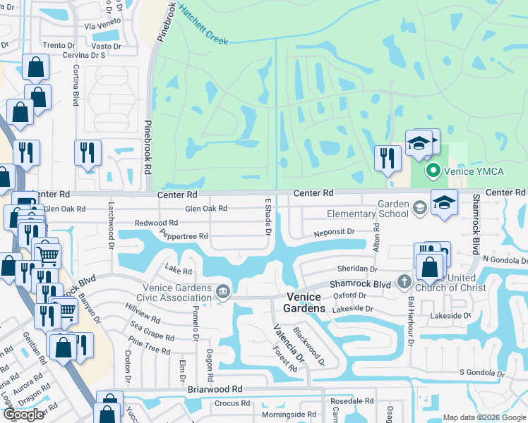 map of restaurants, bars, coffee shops, grocery stores, and more near 450 Glen Oak Road in Venice