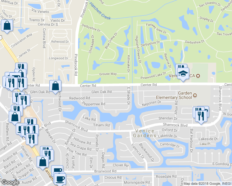 map of restaurants, bars, coffee shops, grocery stores, and more near 424 Glen Oak Road in Venice