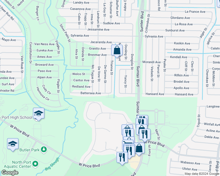 map of restaurants, bars, coffee shops, grocery stores, and more near 2255 Trianna Street in North Port