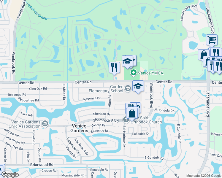 map of restaurants, bars, coffee shops, grocery stores, and more near 612 Glen Oak Road in Venice