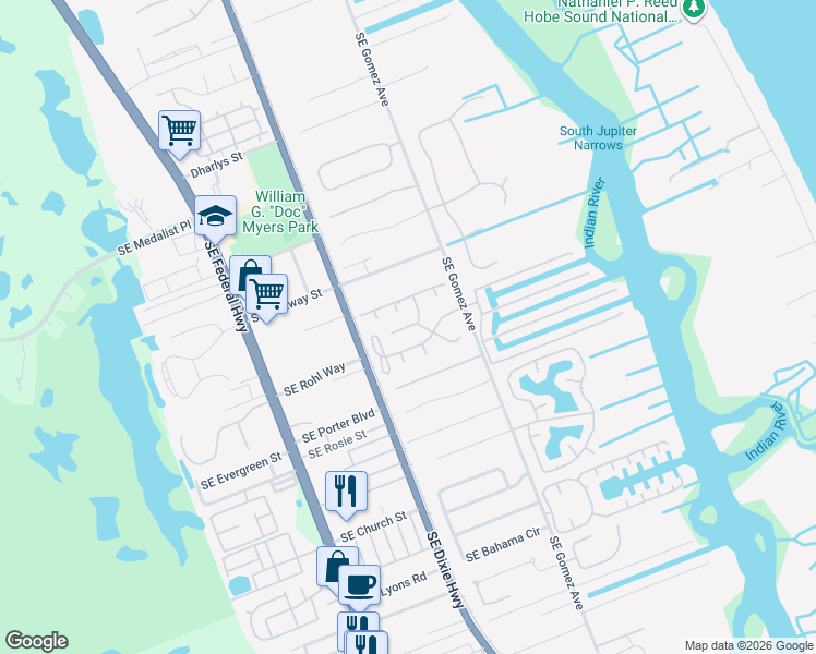 map of restaurants, bars, coffee shops, grocery stores, and more near 8583 Southeast Seagrape Way in Hobe Sound