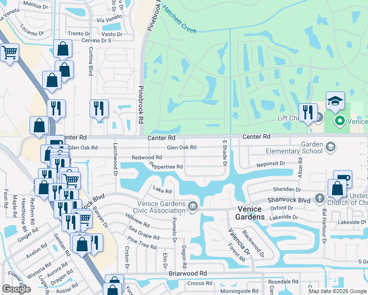 map of restaurants, bars, coffee shops, grocery stores, and more near 398 Glen Oak Road in Venice
