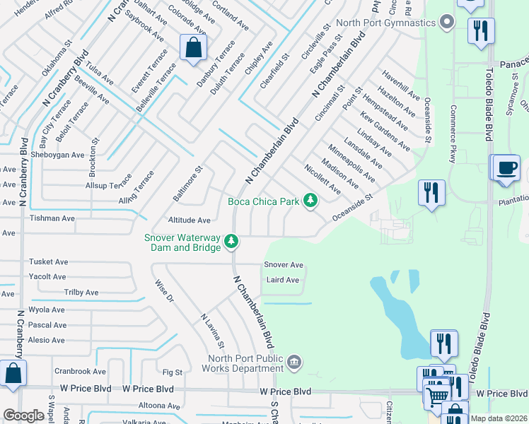 map of restaurants, bars, coffee shops, grocery stores, and more near 2154 Cincinnati Street in North Port