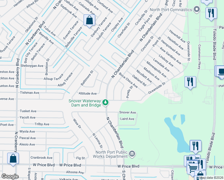 map of restaurants, bars, coffee shops, grocery stores, and more near 2154 Cincinnati Street in North Port