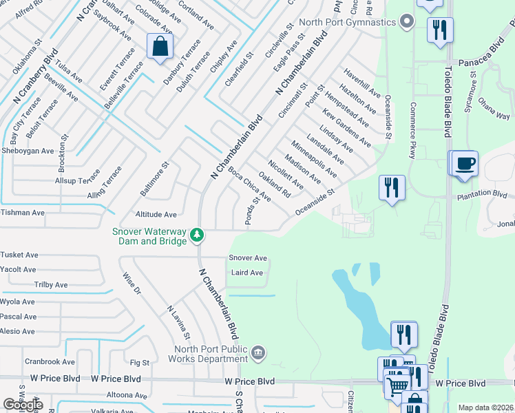 map of restaurants, bars, coffee shops, grocery stores, and more near 2521 Ponds Street in North Port