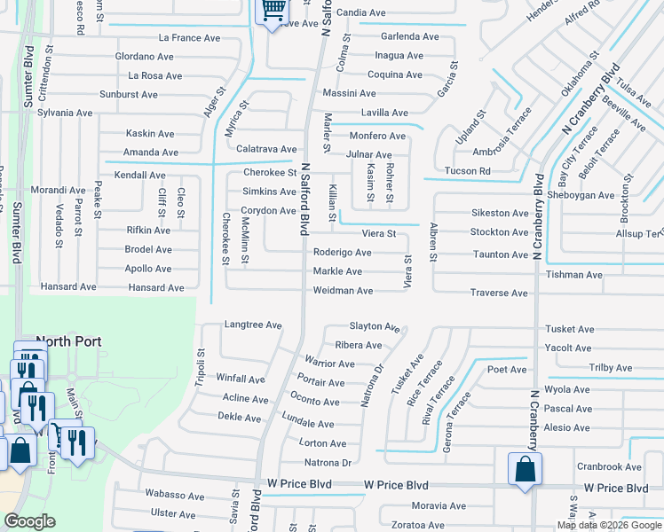 map of restaurants, bars, coffee shops, grocery stores, and more near 3896 Markle Avenue in North Port