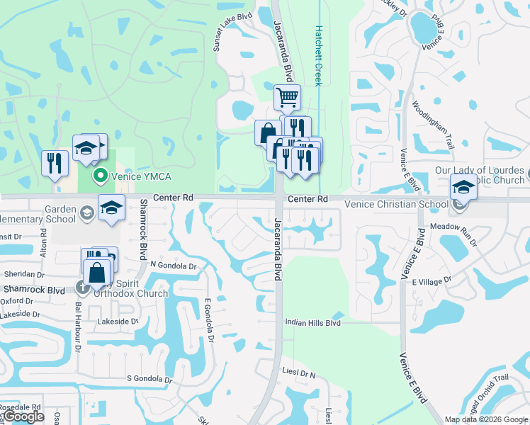map of restaurants, bars, coffee shops, grocery stores, and more near 1068 North Cypress Point Drive in Venice