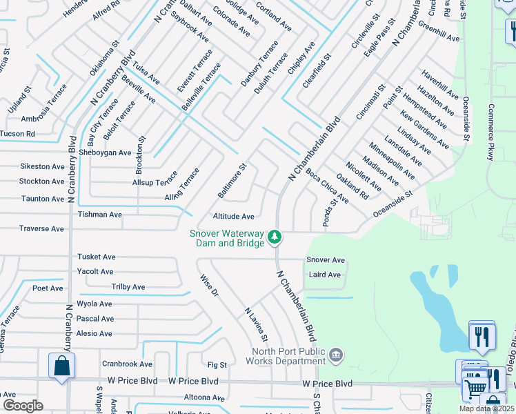 map of restaurants, bars, coffee shops, grocery stores, and more near 2241 Burlington Street in North Port
