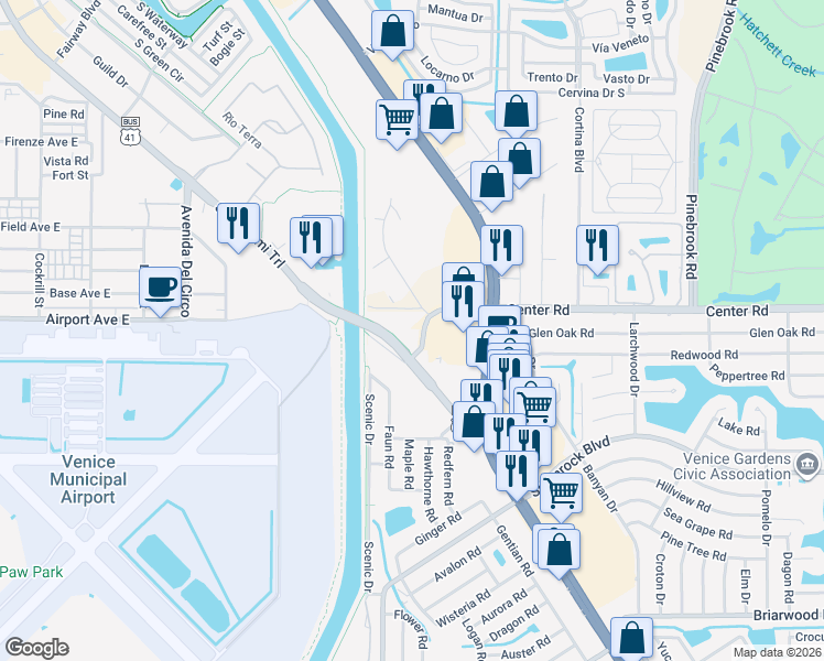 map of restaurants, bars, coffee shops, grocery stores, and more near 1511 South Tamiami Trail in South Venice