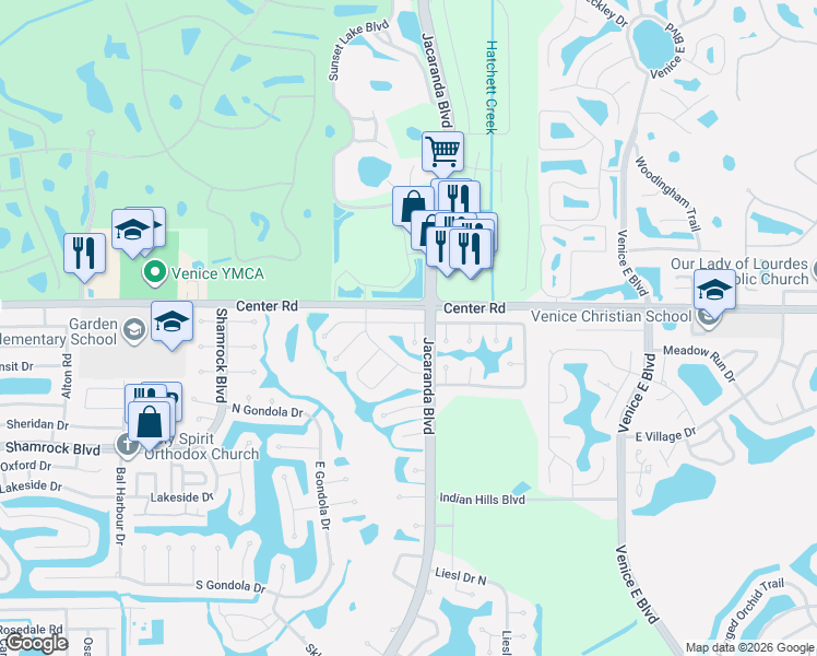 map of restaurants, bars, coffee shops, grocery stores, and more near 1068 North Cypress Point Drive in Venice