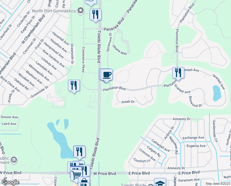 map of restaurants, bars, coffee shops, grocery stores, and more near 1077 Jonah Drive in North Port