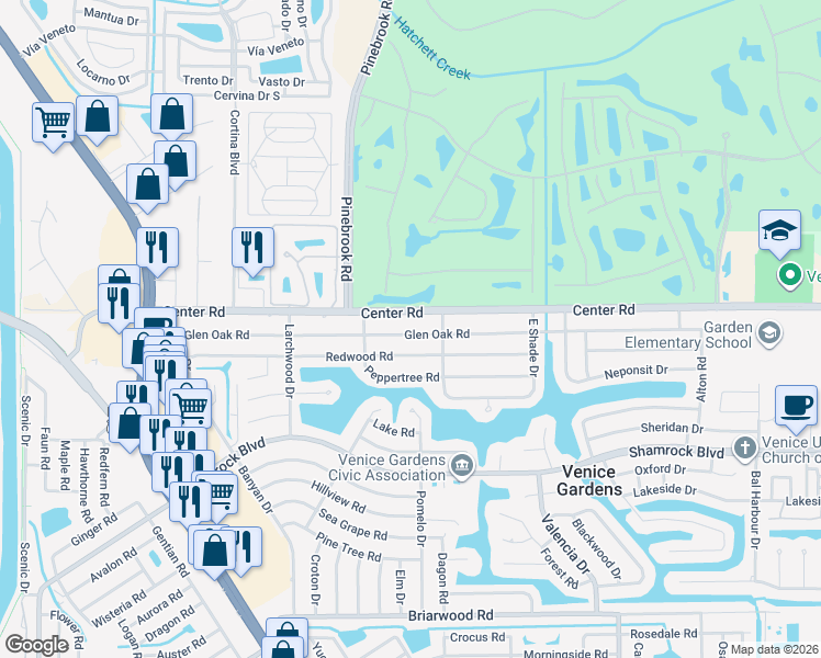 map of restaurants, bars, coffee shops, grocery stores, and more near 363 Glen Oak Road in Venice