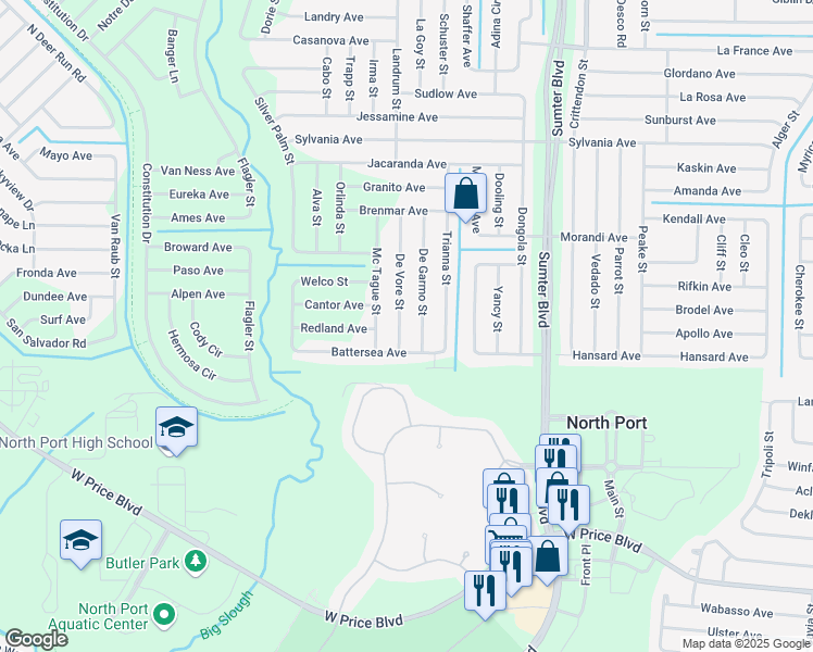map of restaurants, bars, coffee shops, grocery stores, and more near 2233 De Vore Street in North Port