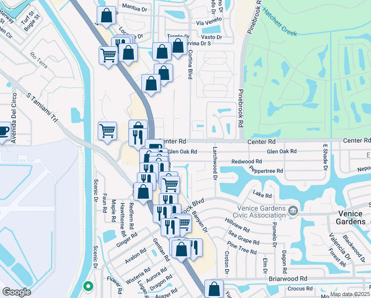 map of restaurants, bars, coffee shops, grocery stores, and more near 232 Glen Oak Road in Venice