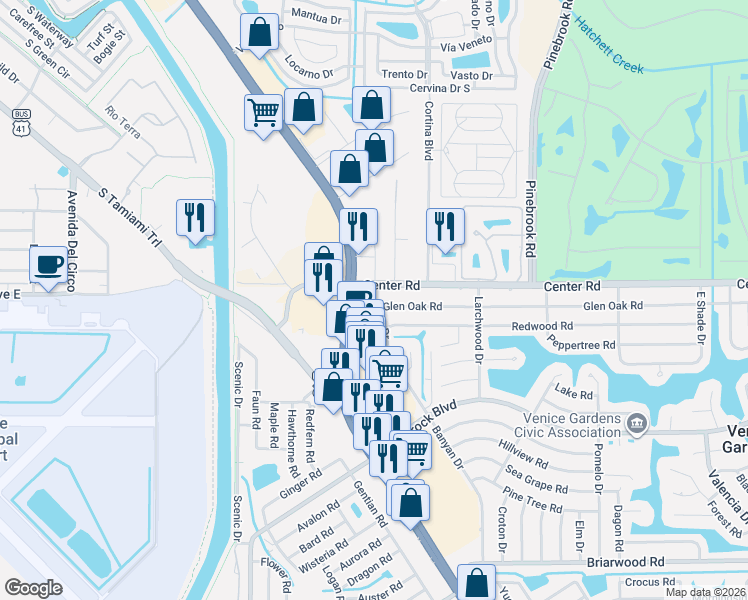 map of restaurants, bars, coffee shops, grocery stores, and more near 1509 Banyan Drive in Venice