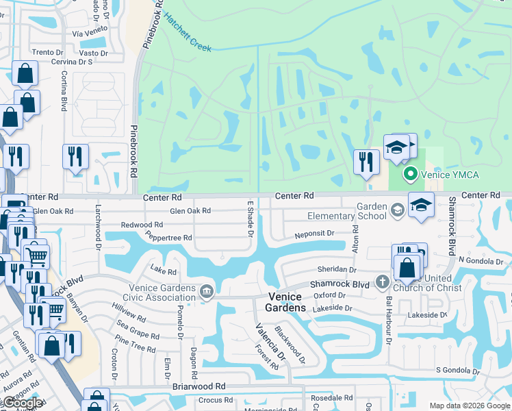 map of restaurants, bars, coffee shops, grocery stores, and more near 450 Glen Oak Road in Venice