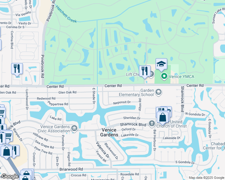 map of restaurants, bars, coffee shops, grocery stores, and more near 520 Glen Oak Road in Venice