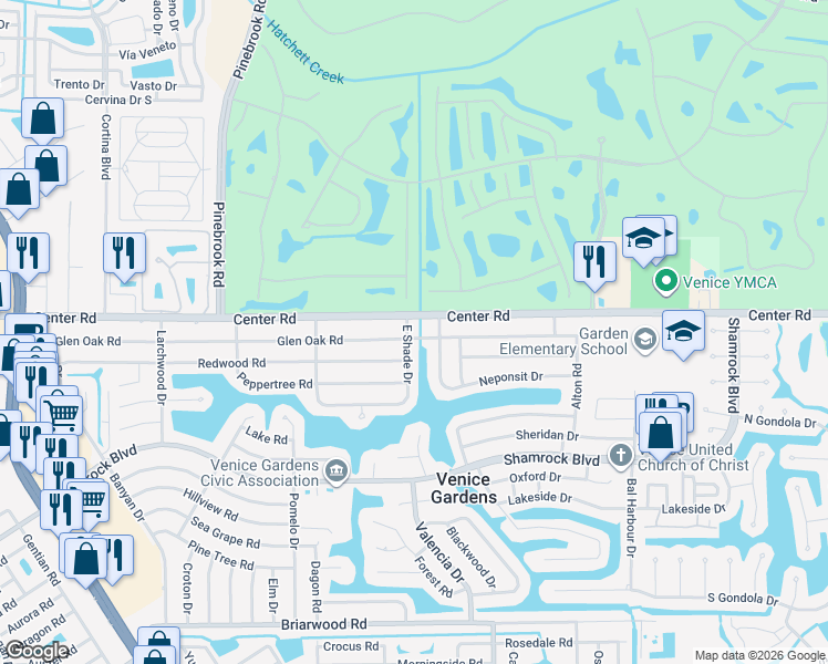 map of restaurants, bars, coffee shops, grocery stores, and more near 450 Glen Oak Road in Venice