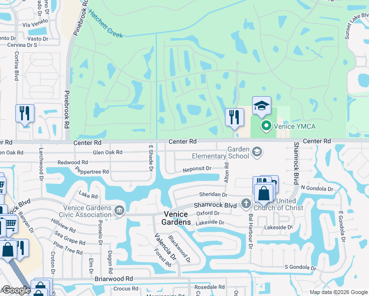 map of restaurants, bars, coffee shops, grocery stores, and more near 520 Glen Oak Road in Venice