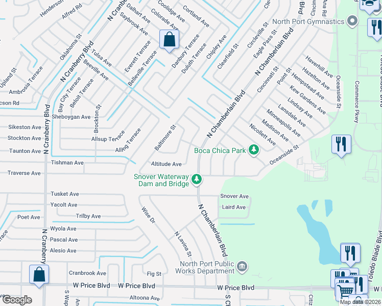 map of restaurants, bars, coffee shops, grocery stores, and more near 2127 North Chamberlain Boulevard in North Port