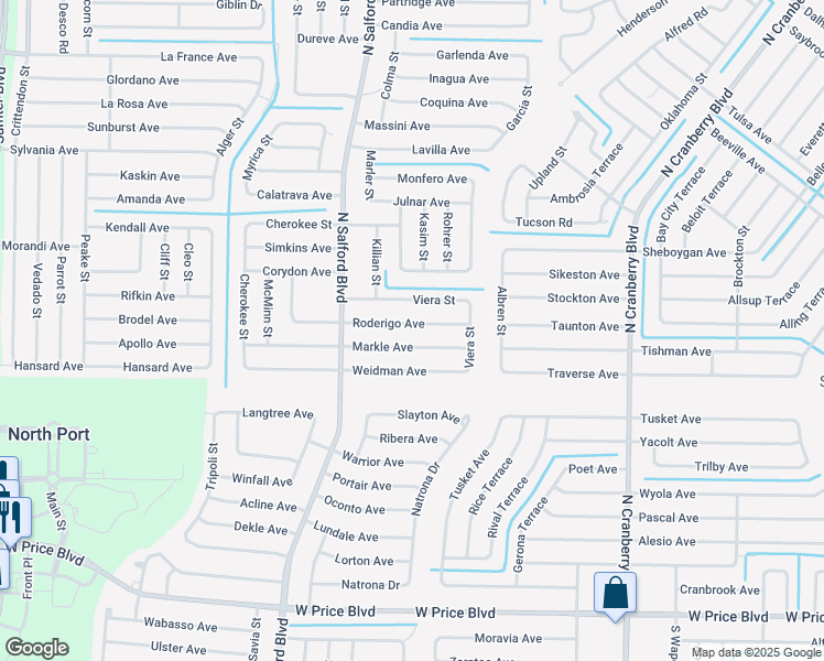 map of restaurants, bars, coffee shops, grocery stores, and more near 3776 Markle Avenue in North Port