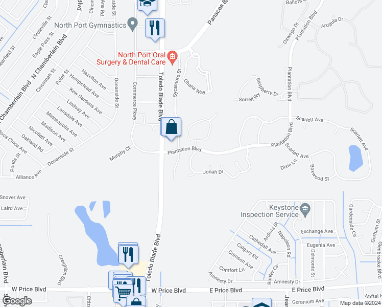 map of restaurants, bars, coffee shops, grocery stores, and more near 1085 Jonah Drive in North Port
