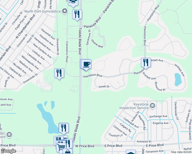 map of restaurants, bars, coffee shops, grocery stores, and more near 1057 Jonah Drive in North Port