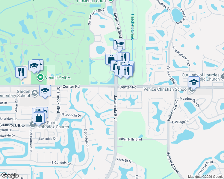map of restaurants, bars, coffee shops, grocery stores, and more near 1612 Cypress Point Court in Venice