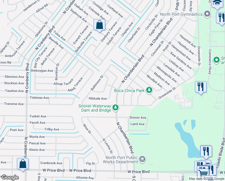 map of restaurants, bars, coffee shops, grocery stores, and more near 2306 Burlington Street in North Port