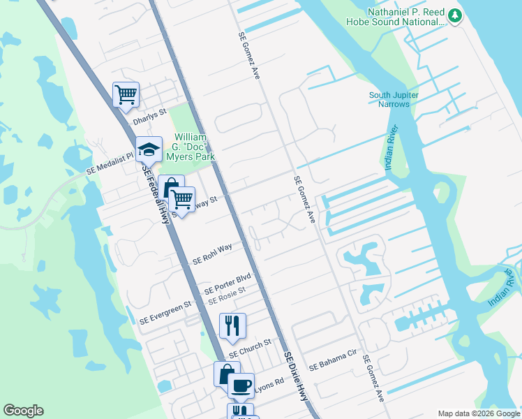 map of restaurants, bars, coffee shops, grocery stores, and more near 8525 Southeast Gulfstream Place in Hobe Sound
