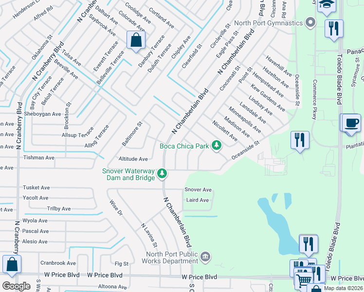 map of restaurants, bars, coffee shops, grocery stores, and more near 2348 North Chamberlain Boulevard in North Port