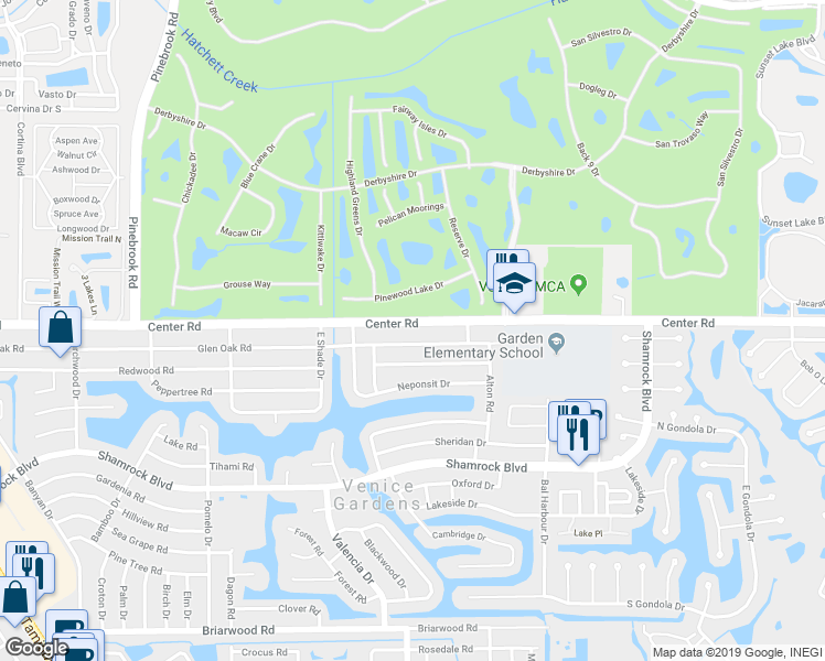 map of restaurants, bars, coffee shops, grocery stores, and more near 440 Pinewood Lake Drive in Venice