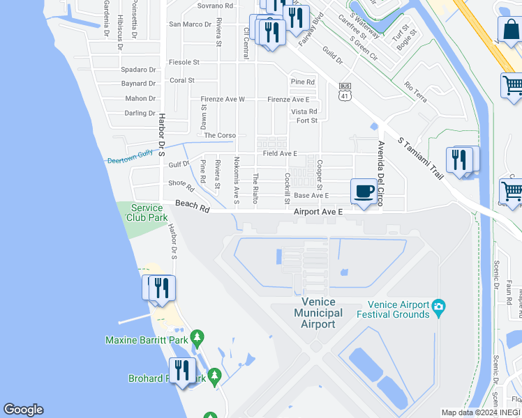 map of restaurants, bars, coffee shops, grocery stores, and more near 101 Base Avenue West in Venice