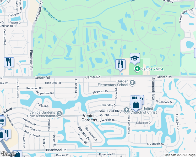map of restaurants, bars, coffee shops, grocery stores, and more near 536 Center Road in Venice