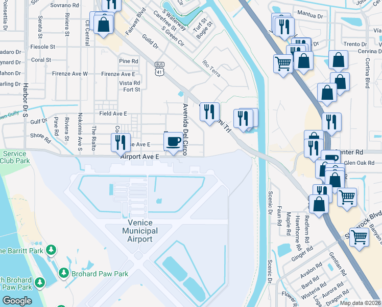map of restaurants, bars, coffee shops, grocery stores, and more near 460 Base Avenue East in Venice