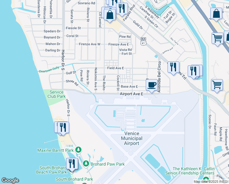 map of restaurants, bars, coffee shops, grocery stores, and more near 120 Base Avenue West in Venice
