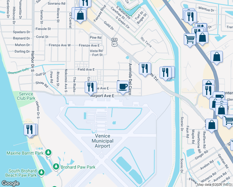 map of restaurants, bars, coffee shops, grocery stores, and more near 380 Base Avenue East in Venice