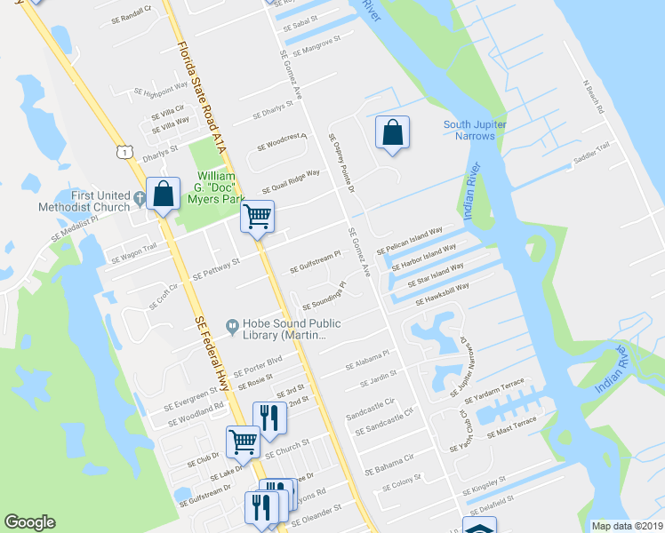 map of restaurants, bars, coffee shops, grocery stores, and more near 8625 Southeast Gulfstream Place in Hobe Sound