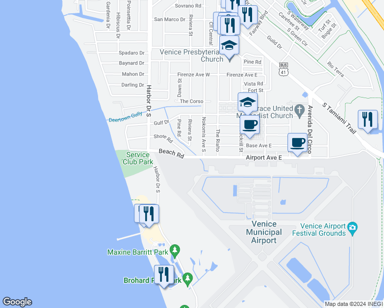 map of restaurants, bars, coffee shops, grocery stores, and more near 231 Airport Avenue West in Venice